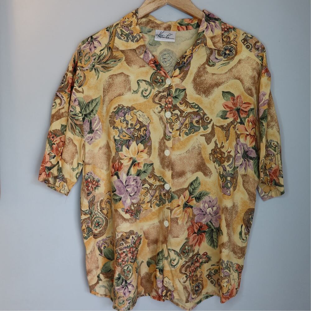 Vintage Kathie Lee Floral Baroque Print Button Up Blouse Short Sleeve 90s
